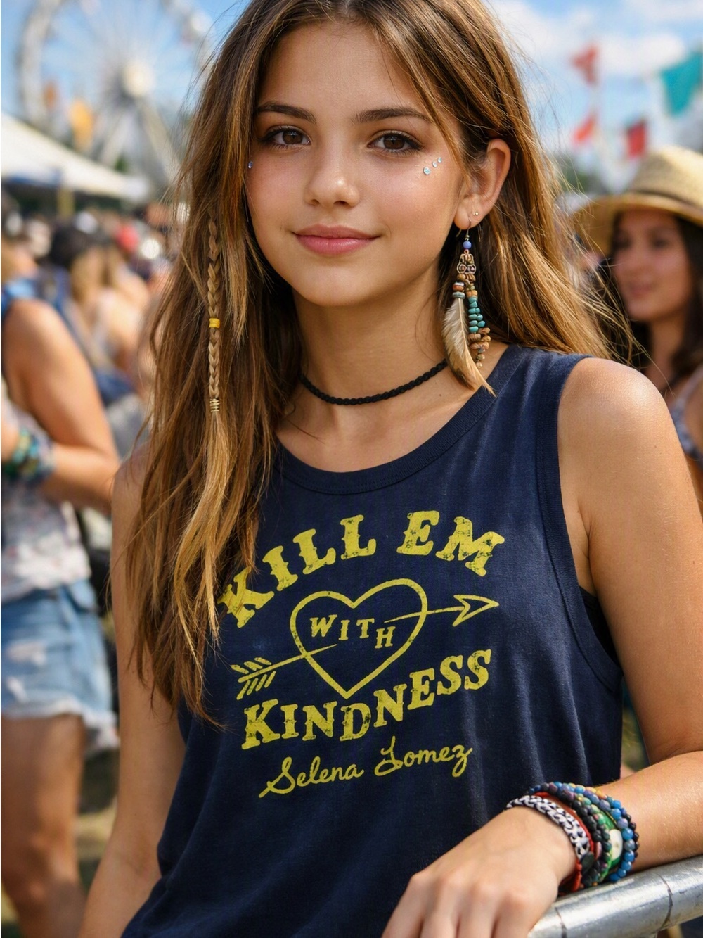 Selena Gomez Navy Tank Top with Yellow Graphic "Kill Em With Kindness"